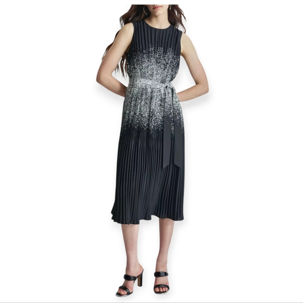 DKNY Black & White Abstract Print Pleated Midi Dress - NWT Size 14
